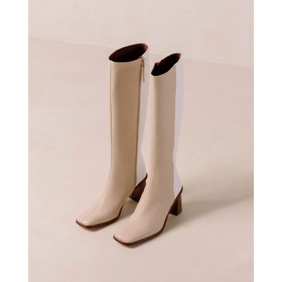 ALOHAS Shoes - ALOHAS East Stone Beige Bright White Tall Boots Leather Block Heel Sz 38 7-7.5
